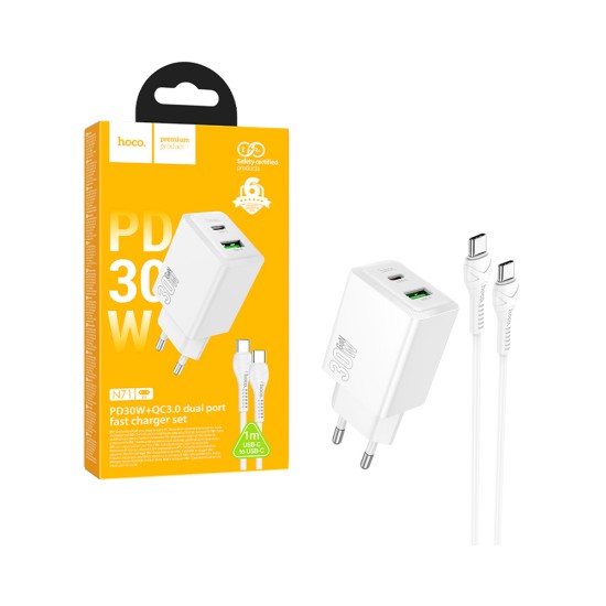 Adaptador Hoco N71 Nuevo 2 portas USB + Type-C PD30W GAN (Tipo-C para Tipo-C) Branco